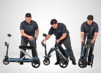 Step-by-step demonstration of the blue and black Pride i-Go scooter folding into a compact and portable travel configuration.
