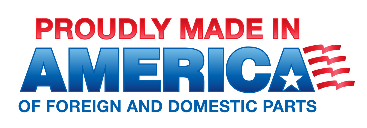 Red and blue “Proudly Made in America of Foreign and Domestic Parts” graphic with a star and stylized flag stripes.