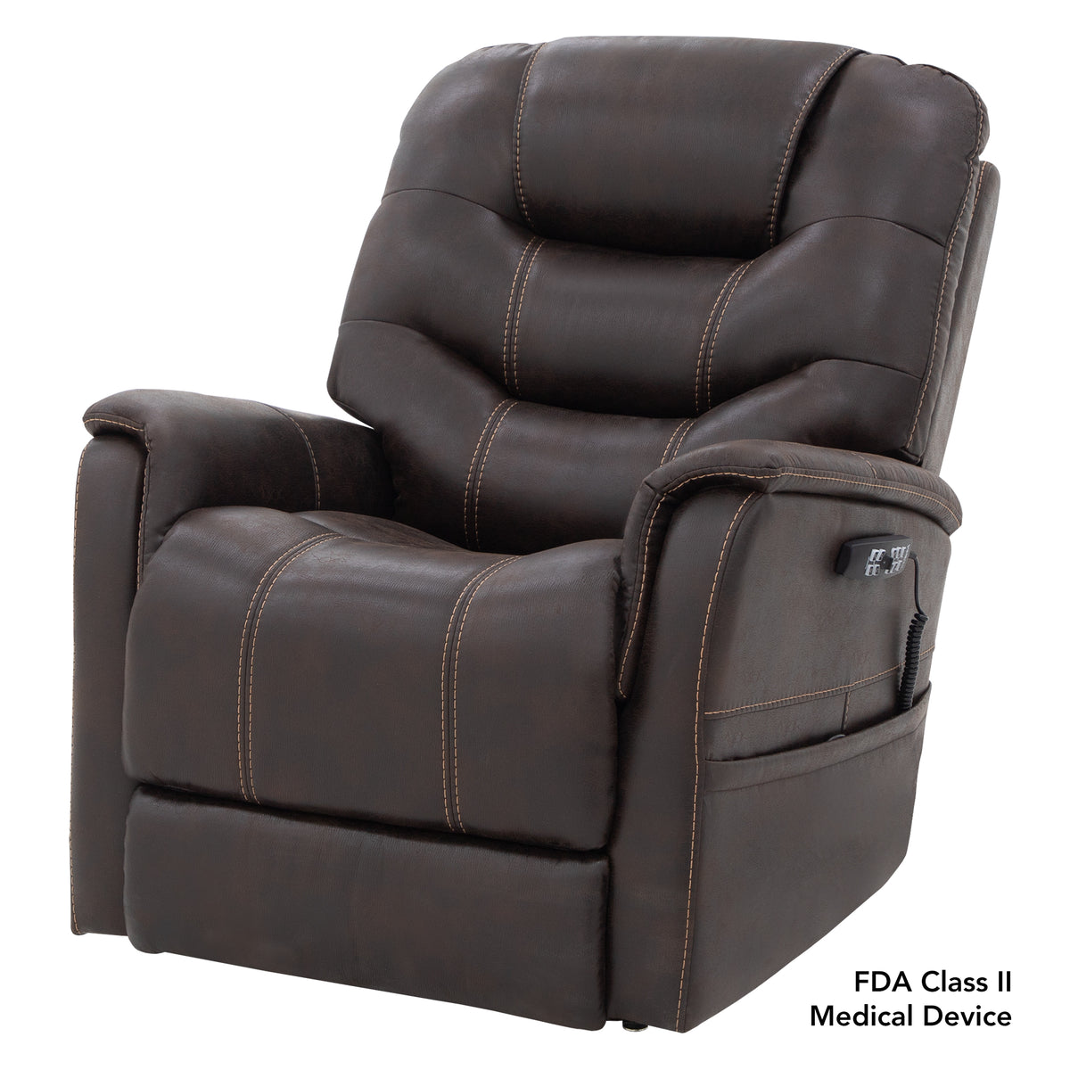VivaLift Elegance 2 in its upright seated position with plush back cushioning and supportive padded armrests.