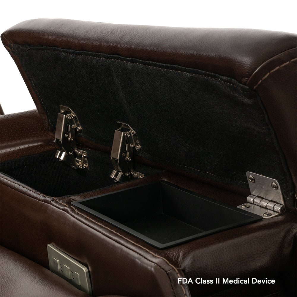 Built-in armrest storage compartment on the VivaLift Premier PLR-5900 keeps personal items conveniently within reach.