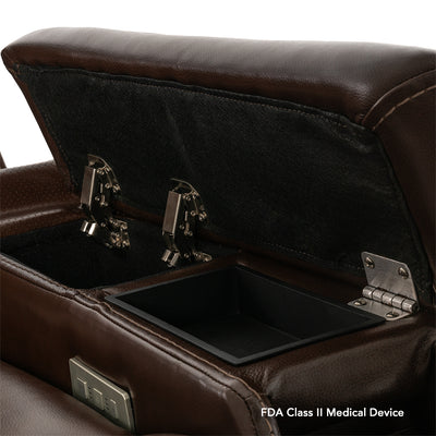 Built-in armrest storage compartment on the VivaLift Premier PLR-5900 keeps personal items conveniently within reach.