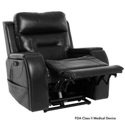 Black VivaLift Premier PLR-5900 power lift recliner shown with the footrest extended, providing comfortable support for relaxing and elevating the legs.