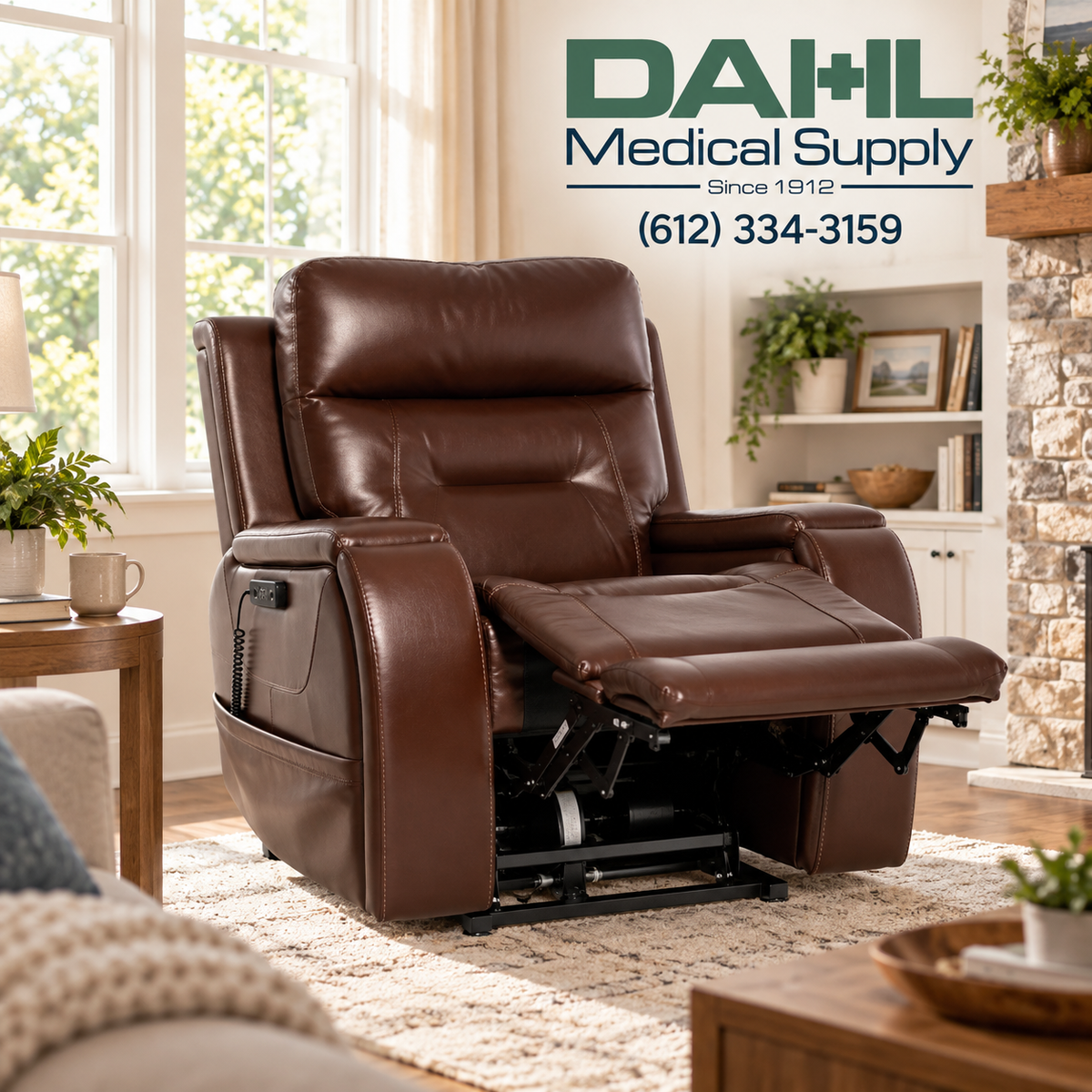 VivaLift Premier PLR-5900 power lift recliner shown in a bright, comfortable living room with the footrest extended, featuring premium positioning and everyday comfort from Dahl Medical Supply.