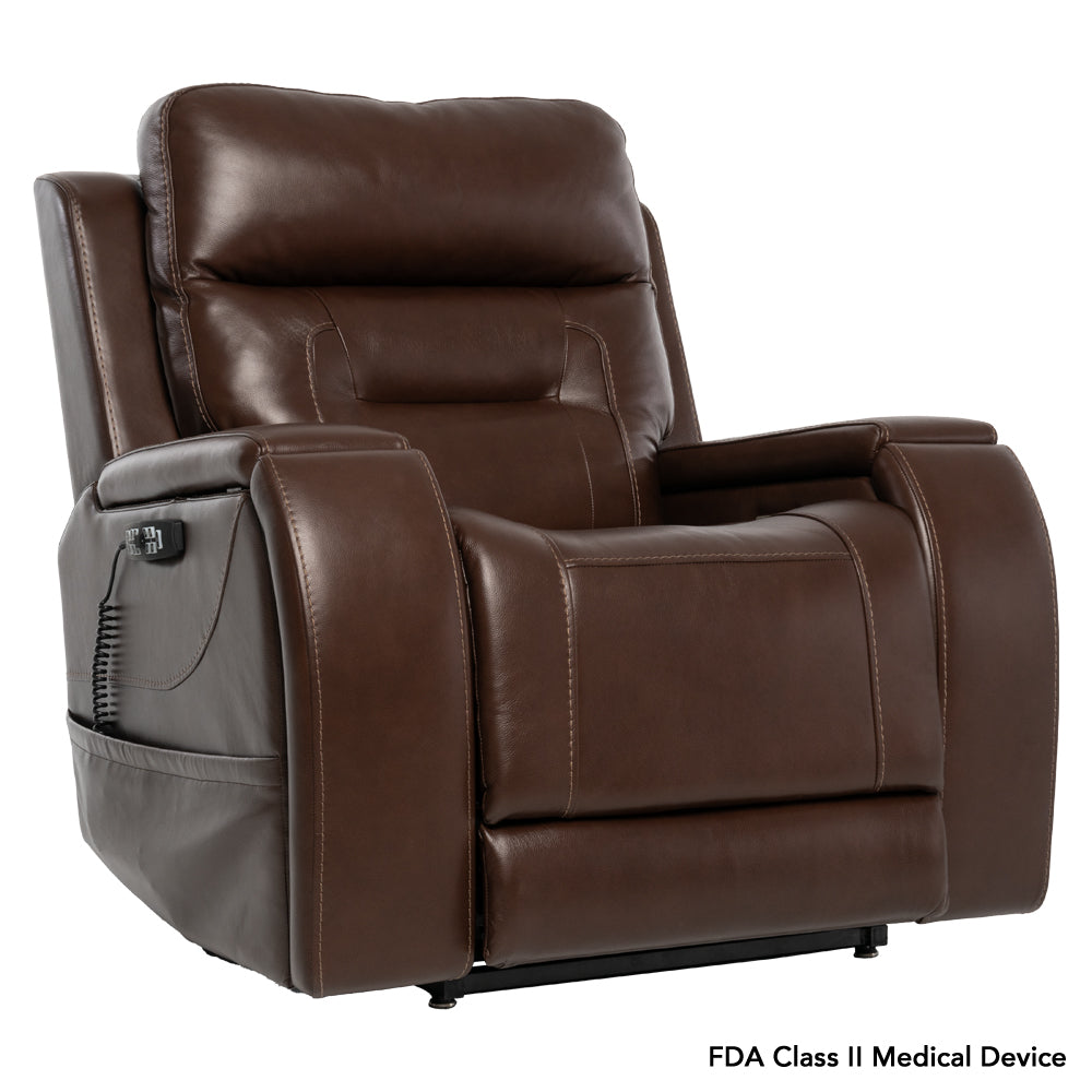 Front view of the VivaLift Premier PLR-5900 power lift recliner featuring supportive cushioning, padded arms and premium styling.