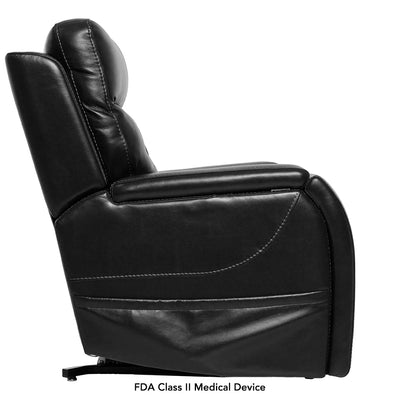 Side view of the black VivaLift Premier PLR-5900 power lift recliner, highlighting its supportive backrest, padded armrests and streamlined design.