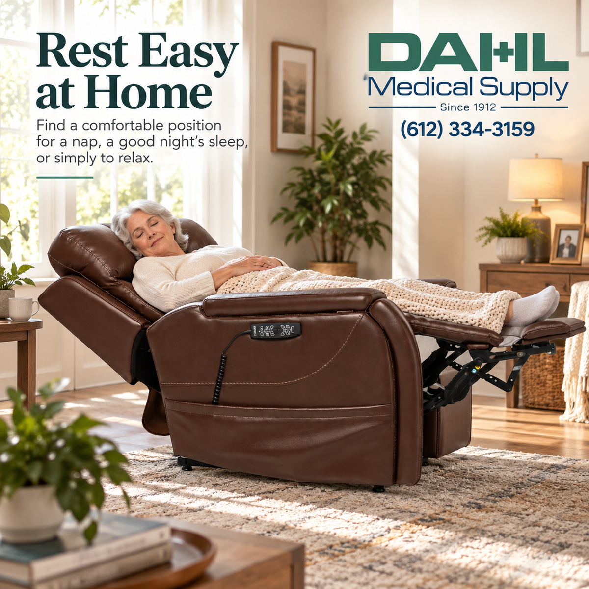 Woman resting comfortably in the VivaLift Premier PLR-5900 power lift recliner in a bright, relaxing living room, showing its deep reclining position for naps, relaxation, and extended comfort at home.