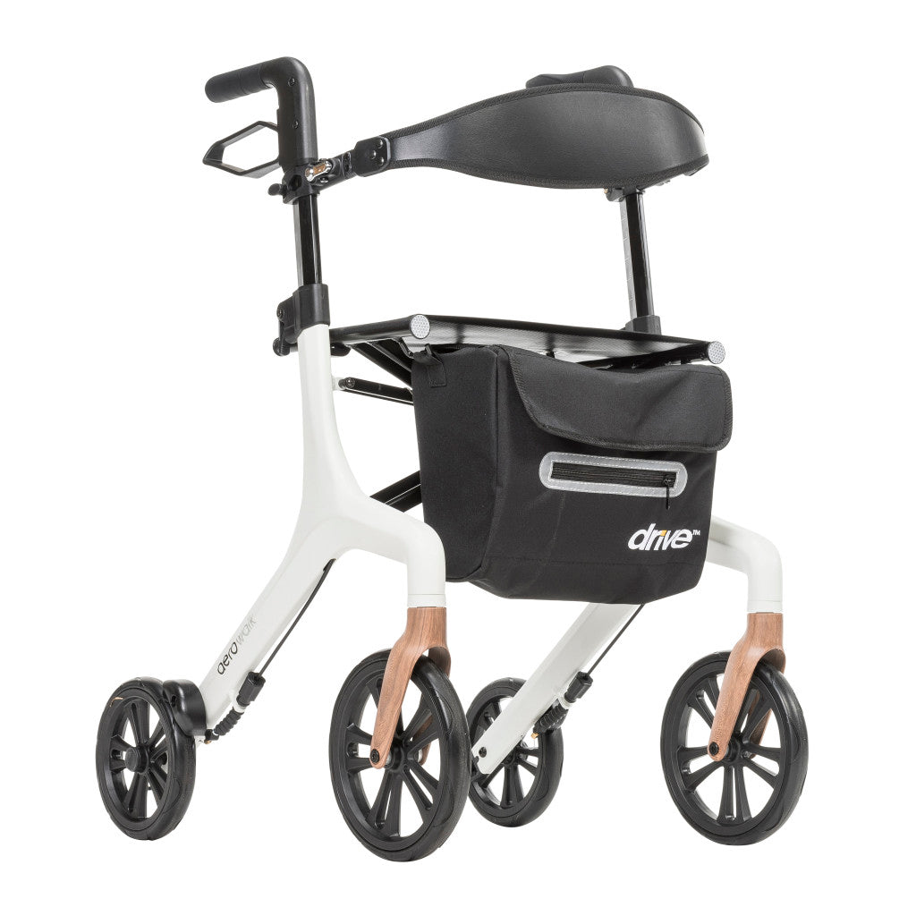 Angled view of the white AeroWalk rollator showing its black seat, supportive backrest, hand brakes, and four-wheel frame.