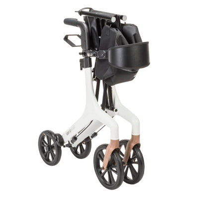White AeroWalk rollator shown folded upright, with its frame, seat, backrest, and storage bag drawn together into a compact shape.