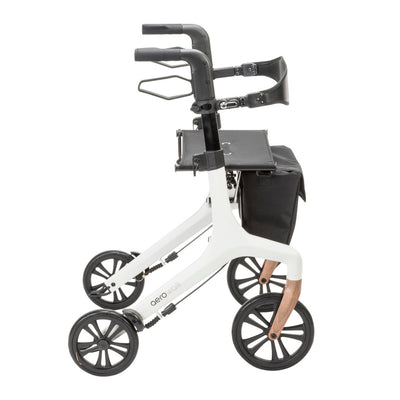 Side view of the white AeroWalk rollator showing the handles, brake levers, seat, storage bag, and wood-look wheel forks.
