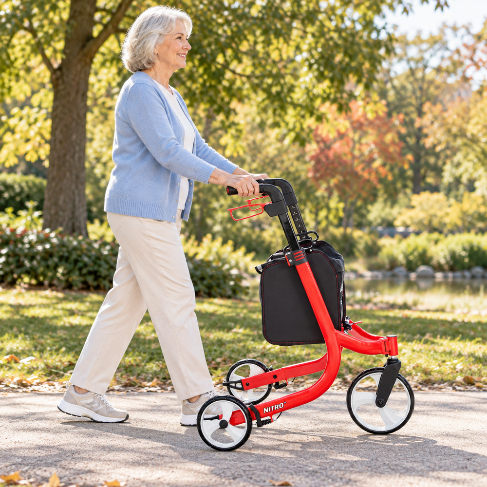 Older woman in a light blue cardigan walking with a red Drive Nitro three-wheel rollator on a paved park path surrounded by autumn trees.
