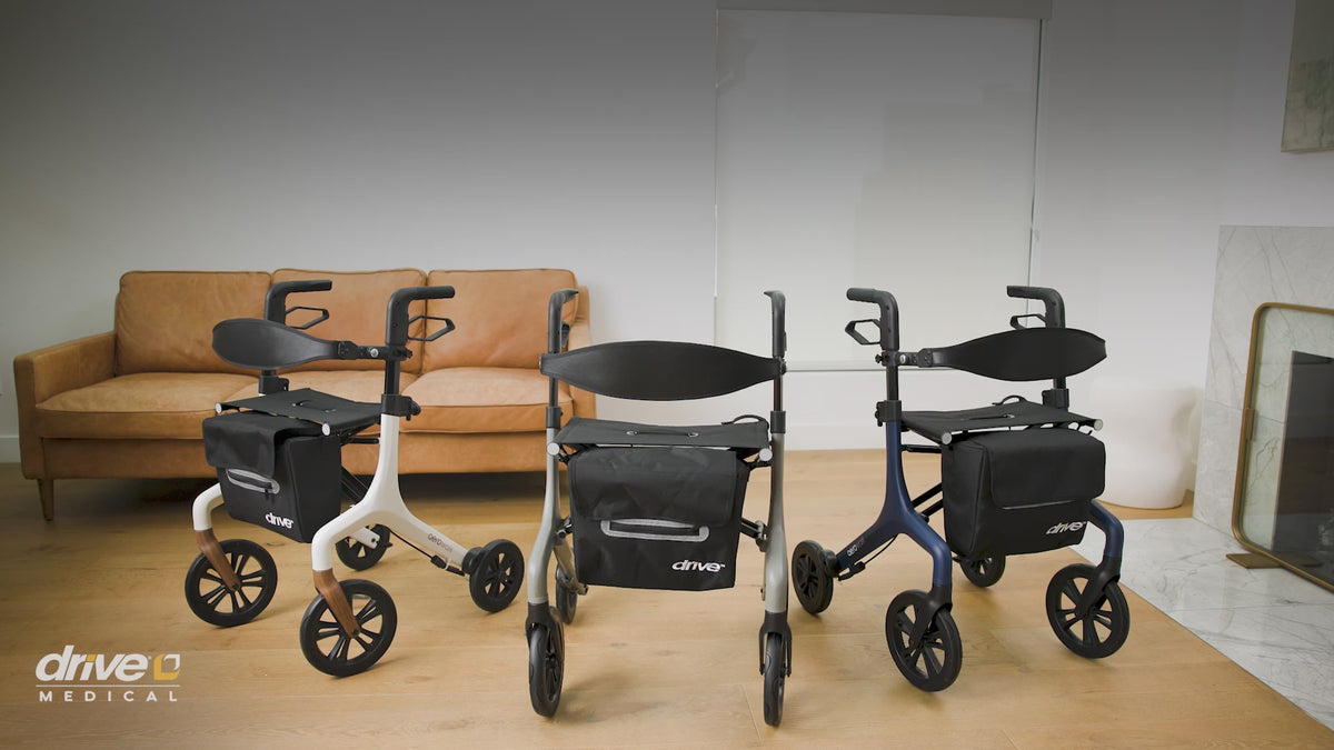 Load video: AeroWalk Ultra-Lite Rollator video highlighting its lightweight frame, easy folding design, adjustable backrest, and convenient storage bag. Available in blue, gray, and white at Dahl Medical Supply.