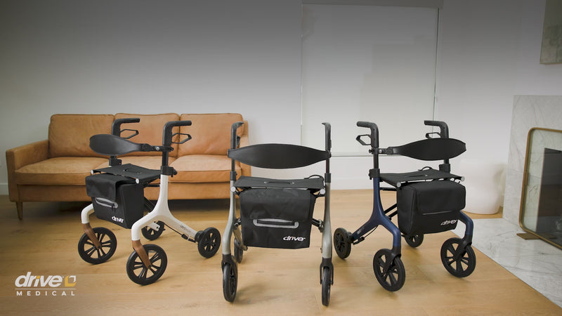 AeroWalk Ultra-Lite Rollator video highlighting its lightweight frame, easy folding design, adjustable backrest, and convenient storage bag. Available in blue, gray, and white at Dahl Medical Supply.