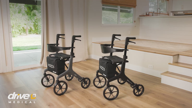 Video showcasing the Drive AeroCarbon rollator’s lightweight carbon fiber frame, folding design, seat, backrest, and storage bag for everyday mobility and travel.