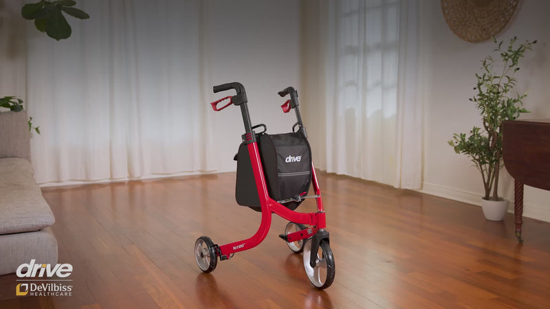Video showcasing the Drive Nitro 3-Wheel Rollator, highlighting its lightweight red frame, ergonomic handles, hand brakes, storage bag, and compact folding design.